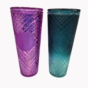 Two Starbucks Venti 24 Oz Jeweled Tumblers Purple Pink Taffy and Green Ombre